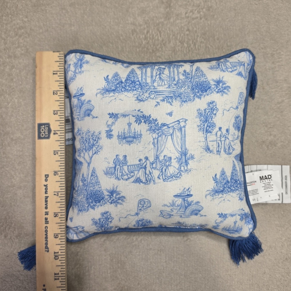 Bridgerton Toile Throw Pillow Blue White Garden Tassel Cushion 10" x 10" Dating - Picture 14 of 16